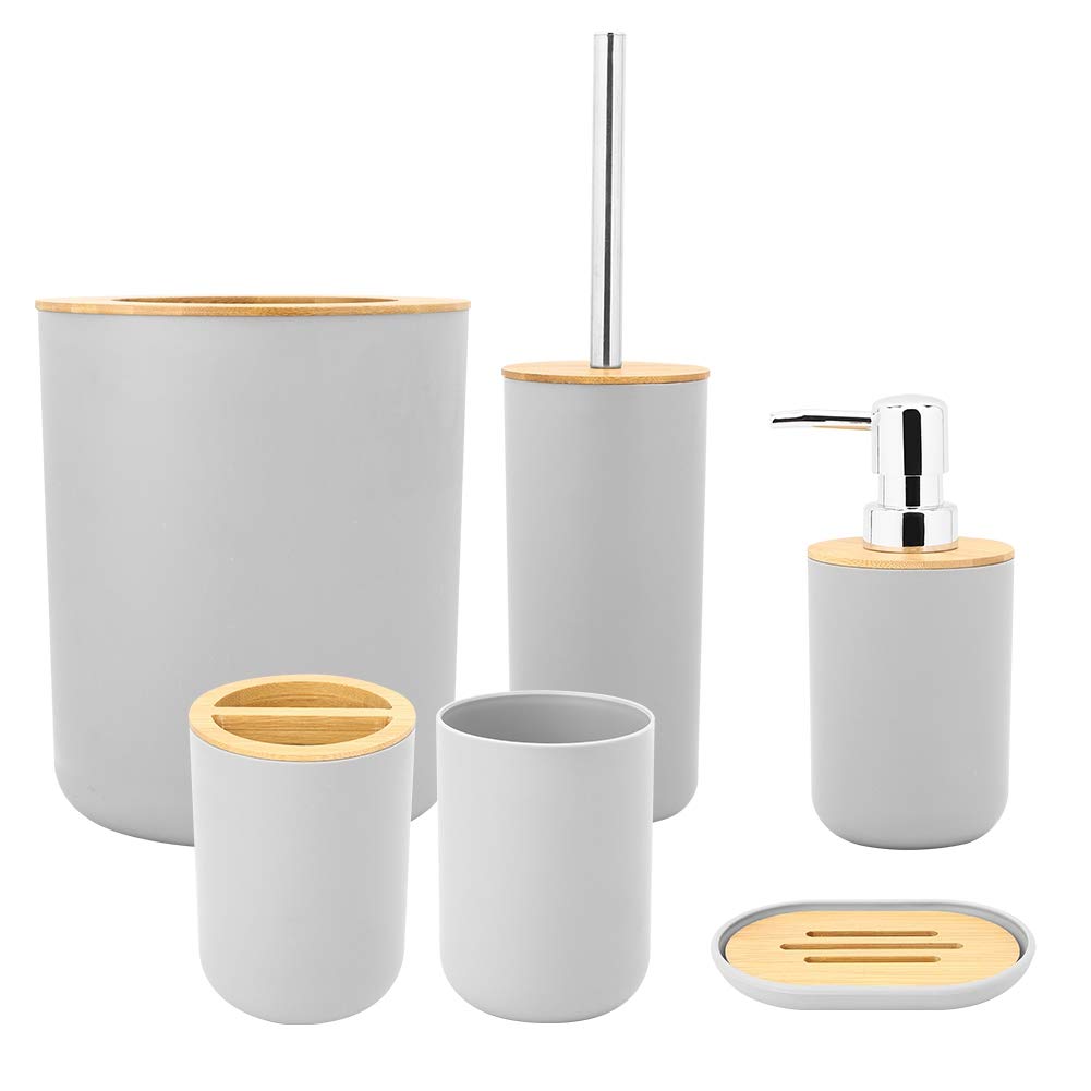 Wakects Bathroom Set, 6-Piece Bamboo Bathroom Set, Household Bathroom Soap Box, Toothbrush Holder, Cosmetic Bin, Rinsing Cup, Lotion Bottle, Toilet Brush (Grey)
