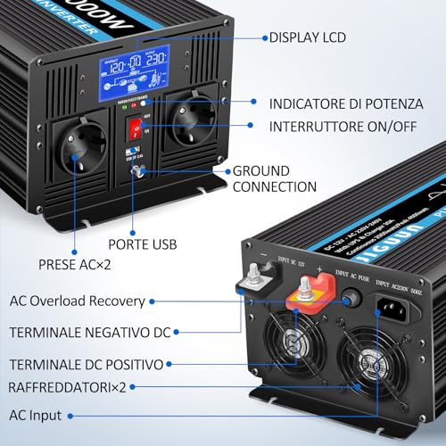 JIGUUN 2000W Inverter 12V 220V Pure Wave Inverter with Charger 30A and Priority Circuit of Network and UPS,2 EU Sockets, Wireless Remote Control and LCD Display Peak Power 4000W