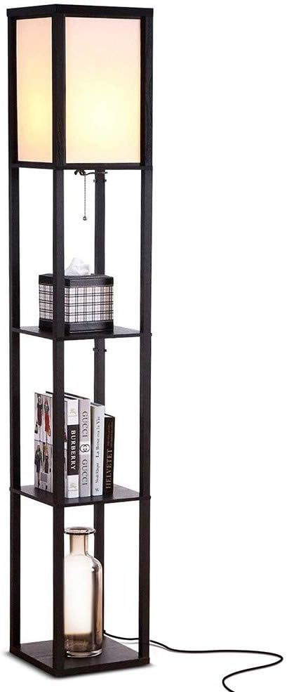 VOVOVO LED Shelf Floor Lamp - Modern Standing Light for Living Rooms and Bedrooms - Asian Wooden Frame with Open Box Display Shelves - Black