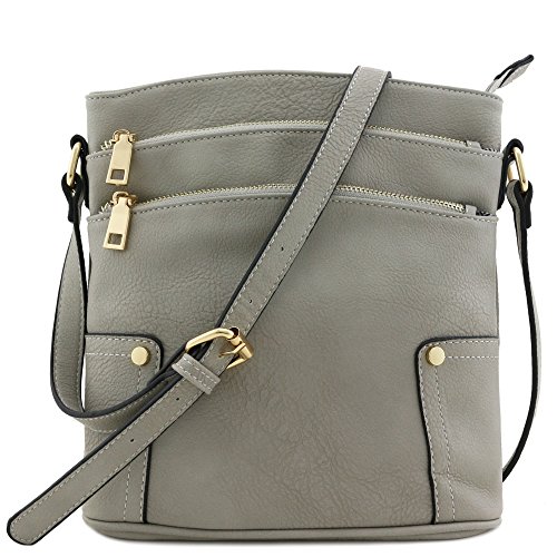 Triple Zip Pocket Medium Crossbody Bag Grey Handbags and Purses