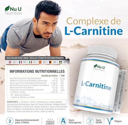 L-Carnitine Complexe 1 650mg - 180 Forte Puissance Capsules Véganes - Avec Riboflavine, Biotine, Chromium, Vitamine D, B3 & B6 - L Carnitine Tartrate Supplément - Fabriqué en Europe - Nu U Nutrition