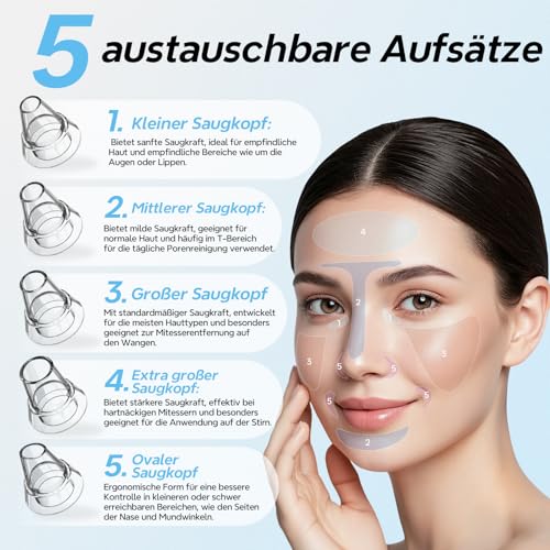 Blackhead Remover Pore Cleaner 3 Modes Vacuum Facial Cleansing White | 5 attachments pimple sucker, USB-C charging, portable pore vacuum cleaner, including pimple tool set