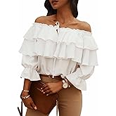 Byinns Women's Off Shoulder Ruffle Trendy Summer Fashion Long Sleeve Blouse Sexy Dressy Casual Outfits Layered Tops