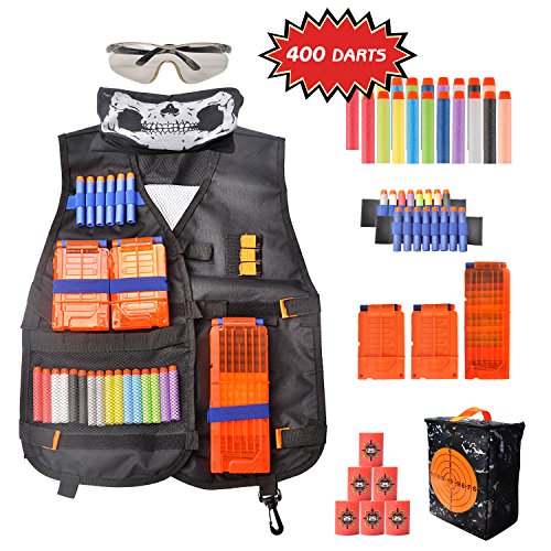 Newest Tactical Vest Kit for Kids with Blood Meter,Snap Clip for Nerf Guns N-Strike Elite Series, 400 Refill Darts, 3 Reload Clips, Goggles, Mask, Wrist Band,EVA Bullet Target, Packed in Target Pouch