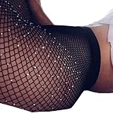 Women's High Waist Fishnet Stockings Sparkle Rhinestone Tights of MERYLURE (One Size, White Rhinestones-black)
