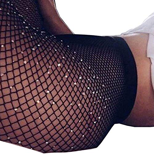 Women's High Waist Fishnet Stockings Sparkle Rhinestone Tights of MERYLURE (One Size, White Rhinestones-black)