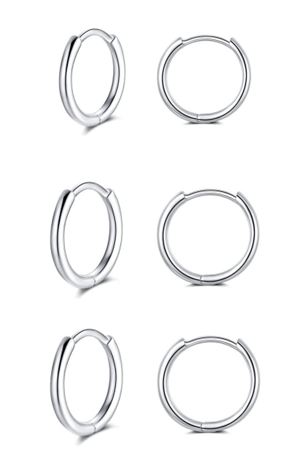 GULICX 8mm Silver Hoop Earrings Set for Women Men Girls, 3 Pairs Hypoallergenic 925 Sterling Silver Unisex Small Helix Cartilage Tragus Sleeper Hoops Huggie Hinged Earrings for Teens Gift