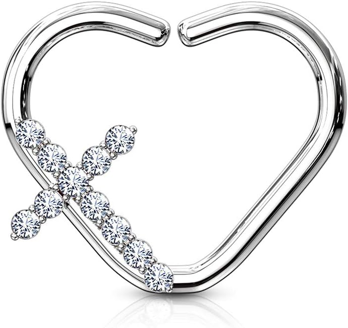 CZ Paved Cross Heart Shape Ear Cartilage, Daith Hoop Rings (Sold Per Piece)