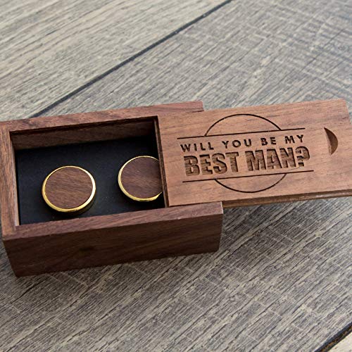 Best Man Gold Cufflinks Proposal Gift - Will You Be My BEST MAN? Proposal Gift Box with Walnut Wood Cuff Links - Wedding Favor Party Gift