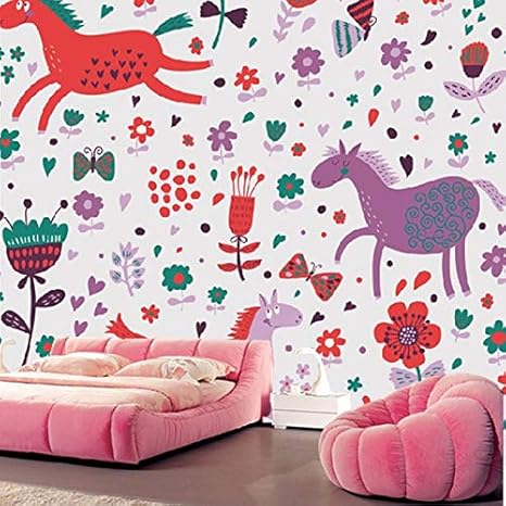 Amazon Co Jp Mznm カスタムアニメーション壁紙 漫画 馬 花柄 子供部屋 リビングルーム 寝室 背景 防水 壁紙 Rcdgsgsa ホーム キッチン