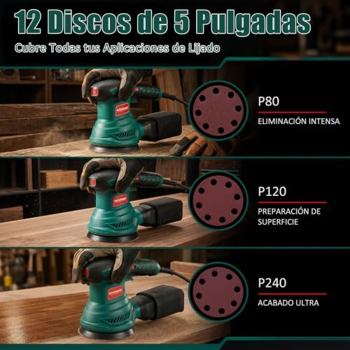Lixadeira orbital 300w, lixadeira rotorbital hychika com motor de cobre puro, 6 velocidades, 13000rpm, lixa 12pcs 125 mm (grão 240/120/80), com bolso de coleta lavável, para madeira e metal