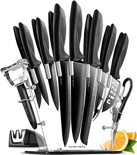 Home Hero Kitchen Knife Set - 17 pcs Chef Knife Set with Stainless Steel Kitchen Knives Set - Black