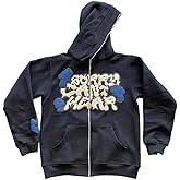 Obenie Harajuku Hoodies Letter Foaming Print Hooded Sweatshirt Punk Full Zipper Jacket Y2k Oversized Hoodies Garbage Coat