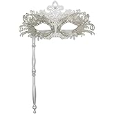 WILOVCOS Womens Masquerade Mask with Stick, Handheld Mardi Gras Mask,Venetian Party Masks