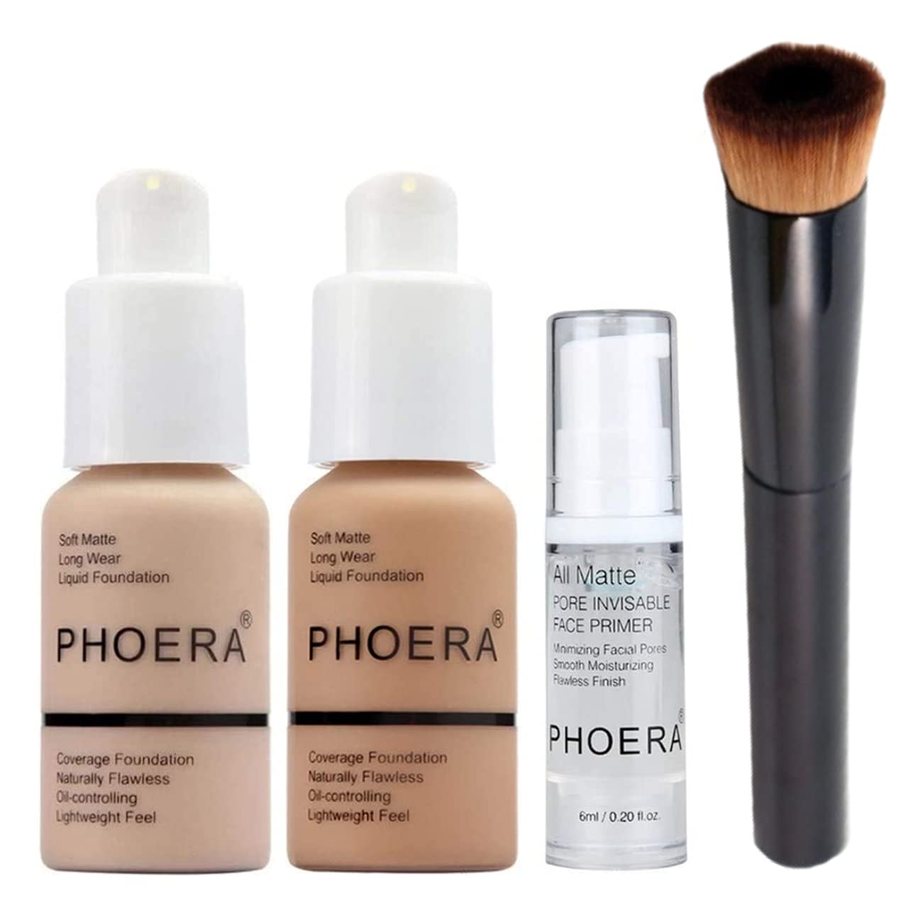 Glamza PHOERA Beauty Set (Nude & Buff Beige Matte Foundation, Primer & Liquid Foundation Brush)