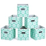 MaidMAX Cloth Storage Cubes, Cube Organizer Bins, Foldable Storage Baskets with Dual Plastic Handles for Home Office Nursery Drawers Organizers, Aqua Flower, Green, 10.5×10.5×11inches, Set of 6