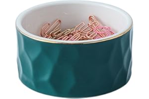 YOSCO Paper Clip Holder Ceramic Round Paper Clips Dispenser for Desk Cute,Gold Line Office Binder Clips Dispenser Organizer (Dark Green)
