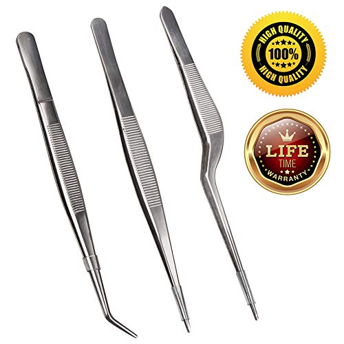 Kitchen Tweezers Cooking Tweezers Precision Tongs 3 Pieces Stainless Steel Tweezers Precision Tongs For Chef Utensils/Precision Serrated Tips/Medical Beauty Utensils/Tool Sets, 6.3-Inch