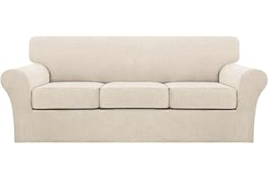 Turquoize 4 Piece Couch Cover Sofa Covers for 3 Cushion Couch Sofa Slipcovers Washable Sofa Cover for Dogs with Individual Couch Cushion Covers Feature Jacquard Fabric(3 Cushion Sofa, Biscotti Beige)