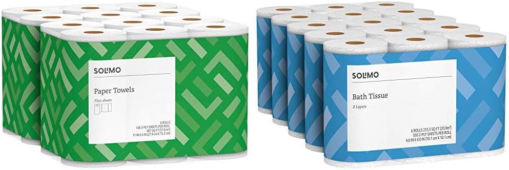Solimo Basic Flex-Sheets Paper Towels, 12 Value Rolls, White, 148 Sheets per Roll (New Version) & 2-Ply Toilet Paper, 350-sheets per Roll, 30 Rolls Bath Tissue: Health & Personal Care