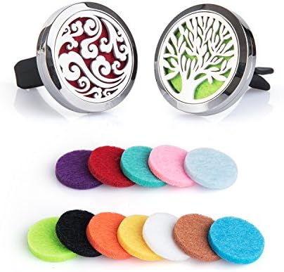 2PCS Auzer Car Fragrance Diffuser Vent Clip Car Air Freshener Perfume Clamp Aromatherapy Essential Oil Diffuser Stainless Steel Locket with Vent Clip and 12 Oil Refill Pads(Tree of life + Clouds)