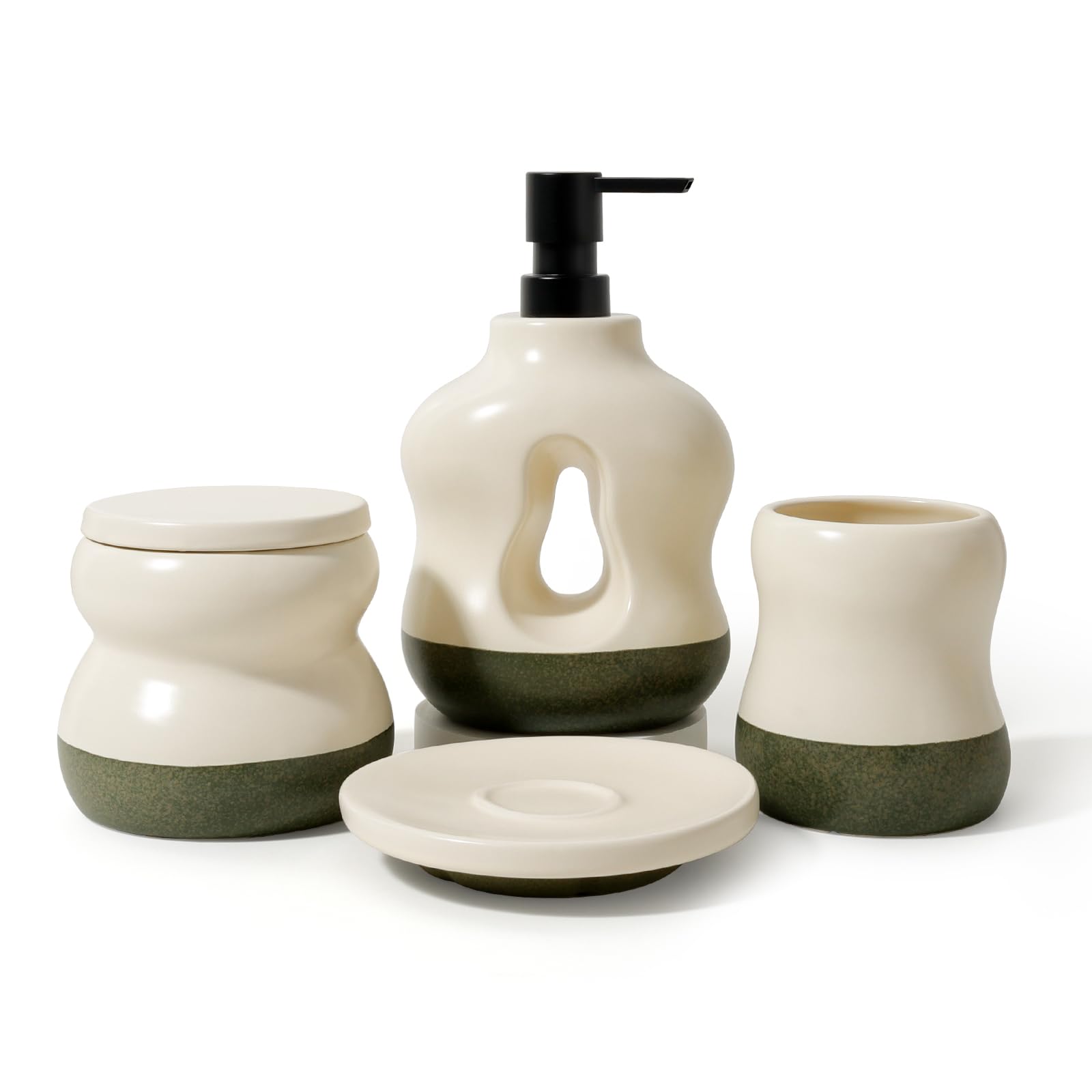 Photo 1 of BosilunLife Bathroom Accessories Set of 4 - Beige Bathroom Countet Soap Set Bathroom Decor Bathroom Lotion Soap Dispenser Sets Toothbrush Holder, Soap Dish, Apothecary Jar (Beige with Sage Base)