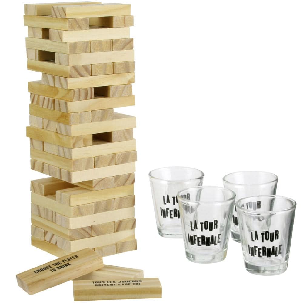 Wahou 37-2Q-007 Infernal Tower Drinking Game Beige Black and Transparent Wood and Glass H20 x 7 x 19 cm