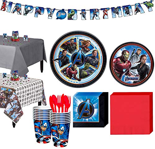 Party City Avengers: Endgame Tableware Supplies for 16 Guests, with Table Covers, Birthday Banner and More