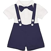 IDOPIP Baby Boys Formal Suit Set Short Sleeve Romper Suspenders Shorts Pants Bowtie Wedding Tuxedo Outfits Cake Smash Clothes