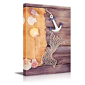 Canvas Prints Wall Art - Art of Seashells on Wooden Table Background | Modern Wall Decor/Home Decoration Stretched Gallery Canvas Wrap Giclee Print. Ready to Hang - 12" x 18"