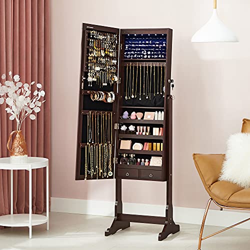 SONGMICS Mirror Jewelry with 6 LED Lights, Lockable Standing Mirrored Armoire Organizer
