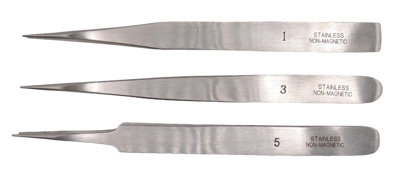 KD89 Set of 3 Tweezers N°1 - No. 3 - No. 5 - Precision Tweezers in Anti-Magnetic Steel, metallic