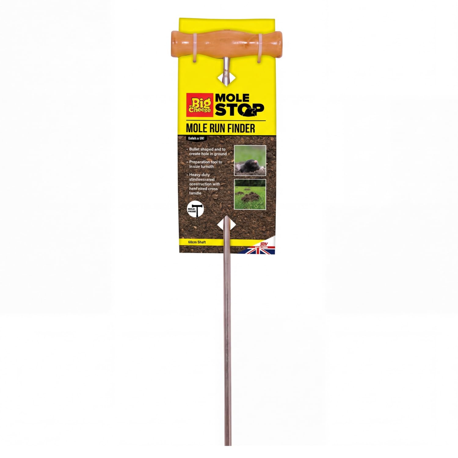 The Big Cheese Mole Run Finder - Weighted Stainless Steel Probe with Durable Hardwood Handle to Easily Locate Mole Runs to Speed Up and Optimise Trap Setting , 61.6 X 3.0 X 12.0 cm