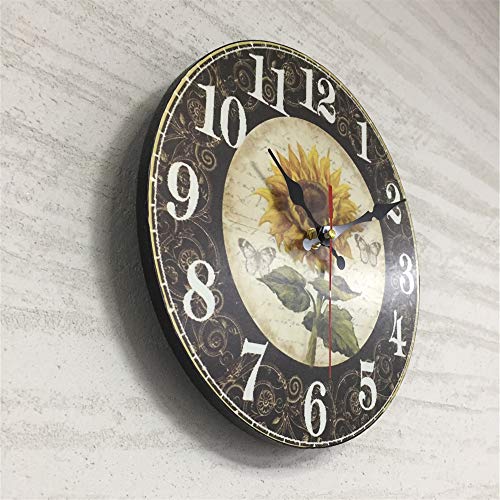 Qukueoy Sunflower Wood Wall Clock Decor (Black, 10inch)