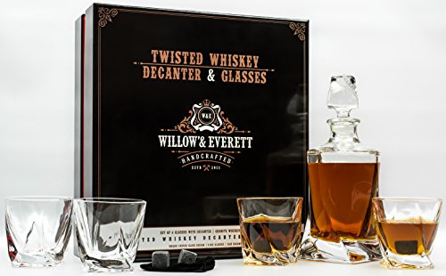 Whiskey Glass Set with Glass Whiskey Decanter - Set of 4 Old Fashioned Glasses with Bonus Granite Whiskey Stones - Great for Scotch and Bourbon - Whiskey Glasses - Perfect Holiday Gift (Twisted)