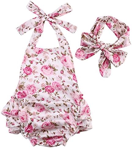 Newborn Baby Girls Halter Cotton Ruffles Romper Backless Sunsuit Jumpsuit Dress (0~6Months, Pink)