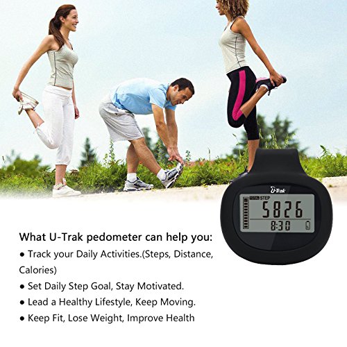 U-Trak 3D Pedometer with Rubber Clip and Lanyard | 7 Days Memory | Accurate Step Counter | Walking Distance in Miles/KM | Calories Counter | Daily Steps Target Monitor | Active Time | Clock - Thumbnail 3