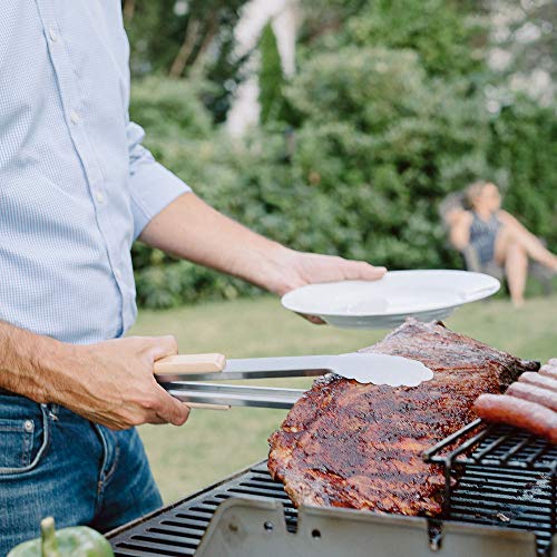 GRILLHOGS Barbecue Grill Tongs, 16 Inch, Best Metal Kitchen Tongs for Cooking and Grill Accessories, Stainless Steel + Oak Wood BBQ Tongs
