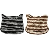 Women Girls Boys Teens Cute CAT Kitty Ears Hats, Winter Warm Knitted Stripe Grunge Accessories Slouchy Headgear