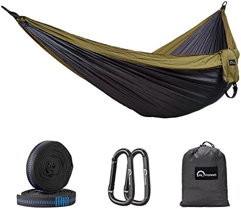 Camping Hammock, Double Hammock with Tree Straps, Portable Lightweight Nylon Parachute Hammock for Backpacking Travel Beach Hiking Garden Yard, 500Lbs for 2 Person by ALPRANG(Dark Grey/Camel)