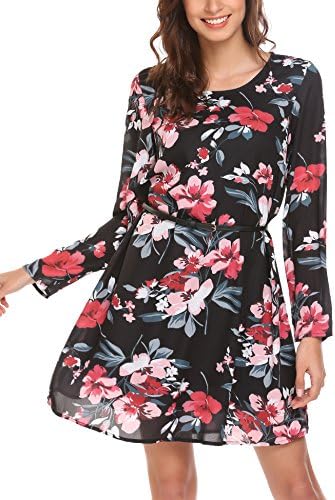 Tinkwell Women Long Sleeve Floral Printed A Line Dress, Black, X-Large