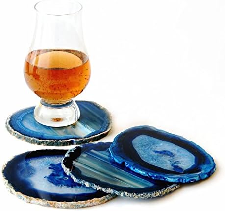 Pantrasamia Agate Coaster Cup Mat Natural Sliced Agate Beverage Coasters for Drinks Gift Set of 4 Plates (4-5 Inch, Blue)