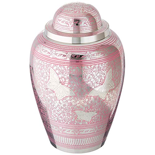 Cremation Urn for Human Ashes Adult - Brass Funeral Urn for Women - Metal Hand Engraved Silver Butterfly Large Urn for Adults - Display Burial At Home or in Niche at Columbarium ( Pink Butterflies - Thumbnail 7