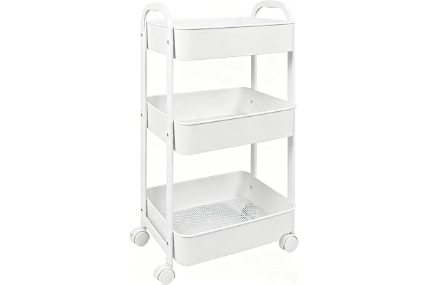 Goxeon 3-Tier Rolling Utility Cart with Caster Wheels,Easy Assembly, for Kitchen, Bathroom (White)
