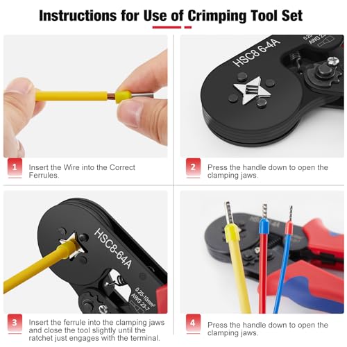 JOEJONI Crimping Pliers, 0.25-10mm² Electric Crimp Lugs, Crimping Pliers with 1800 Insulated Cable Lugs, for Electricians, Repairers and Handymen