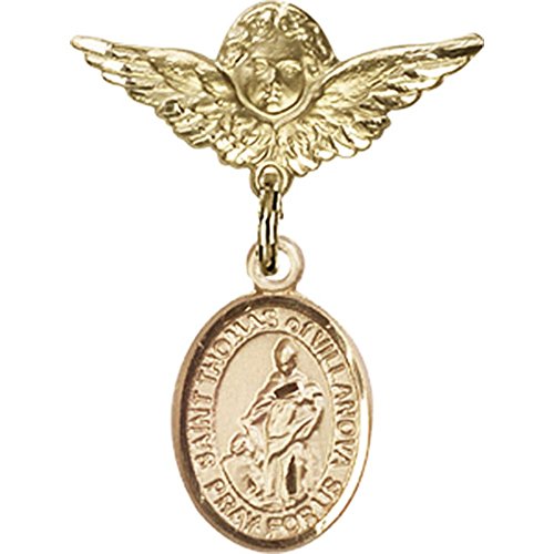 14kt Yellow Gold Baby Badge with St. Thomas of Villanova Charm and Angel w/Wings Badge Pin 1 X 3/4 inches