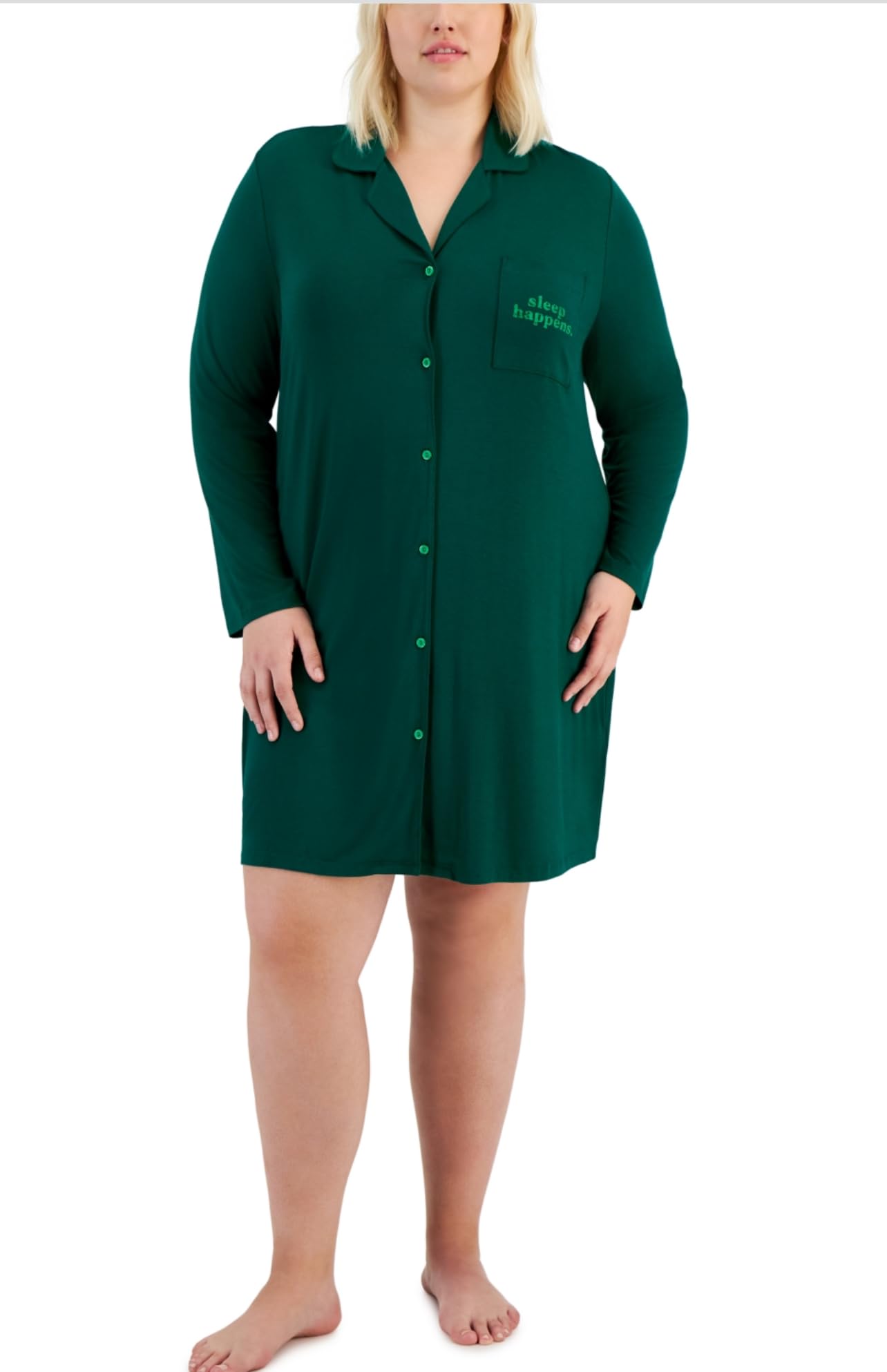 Photo 1 of SIZE 1X Jenni Plus Size Printed Notched-Collar Sleepshirt, long sleeve - Sleep Happens Green