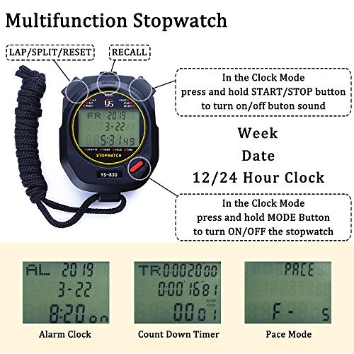 PULIVIA Stopwatch 30 Lap Split Memory Digital Sports Stopwatch Countdown Timer 12/24 Hour Clock Alarm Calendar with Pace Mode 3 Rows Display Large Screen Water Resistant Battery Included for Sports - Thumbnail 2