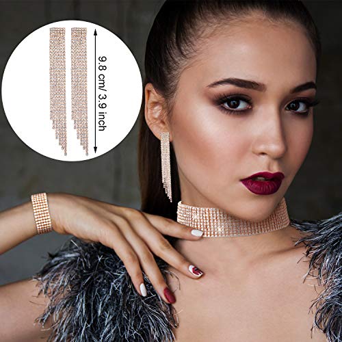 3 Pieces Women Rhinestone Jewelry Set Rhinestone Tassel Choker Necklace Fringe Bracelet Crystal