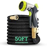 TOONOON 50ft Garden Hose, All New Expandable Water Hose Set with Double Latex Core,3/4 Solid Brass Fittings,Extra Strength Fabric,Flexible Expanding Hose with 8 Function Spray Nozzles,Free Carrying